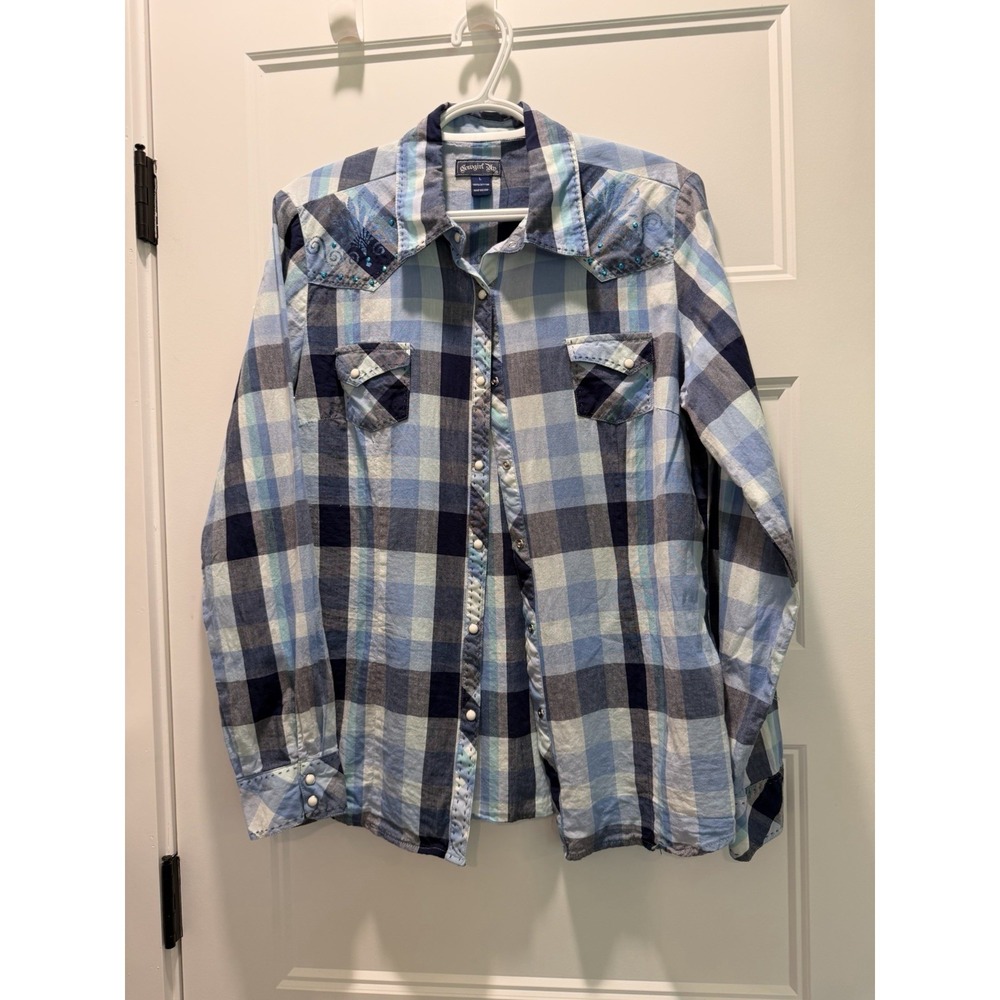 Cowboy Up Women's L Blue Plaid Pearl Snap Western Shirt Rhinestone Yoke Cowgirl